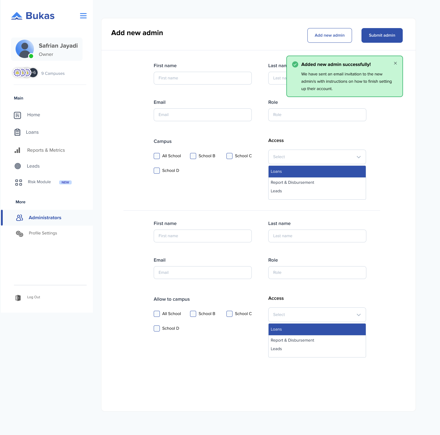 Original Bukas admin management screen