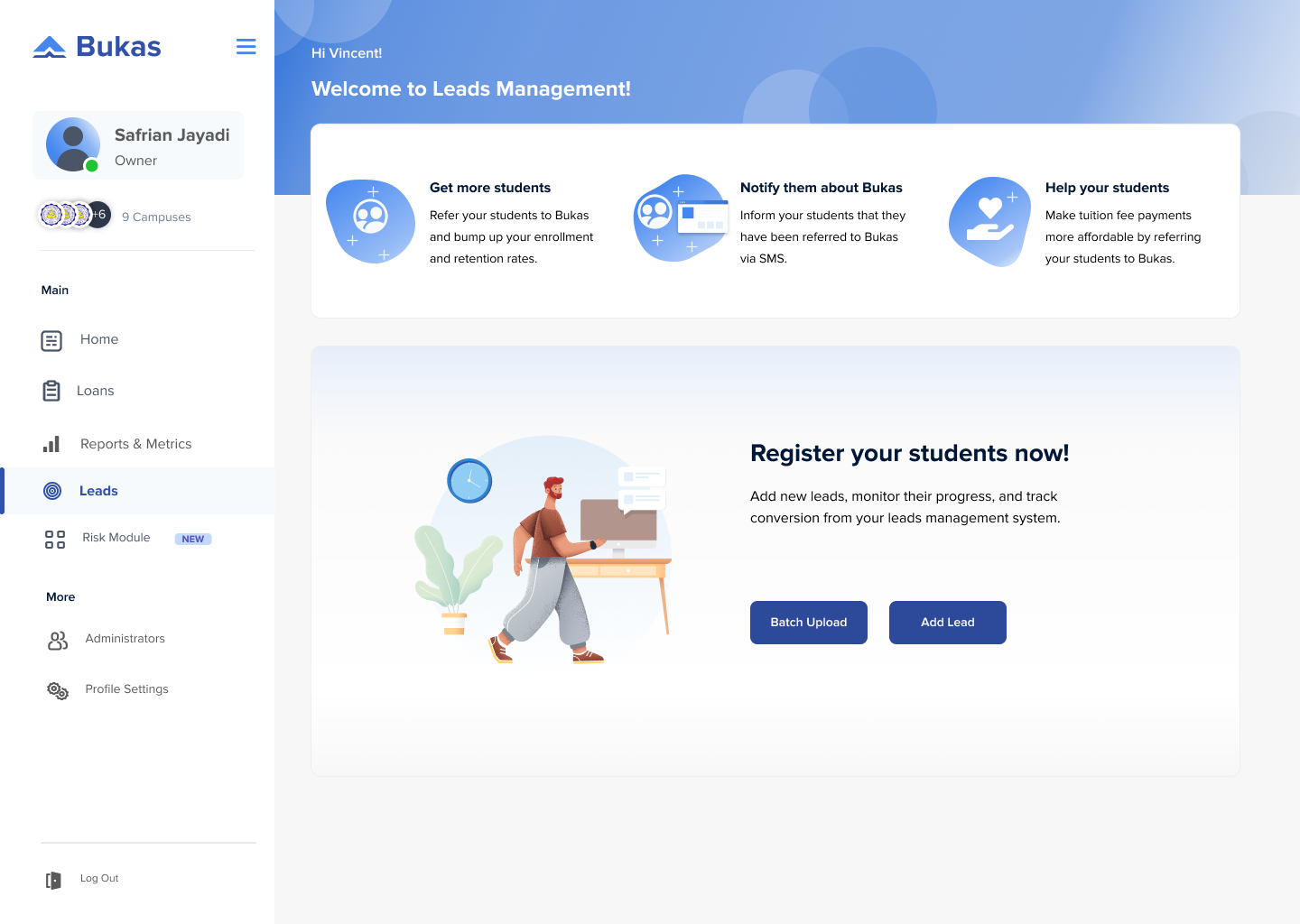 Original Bukas leads landing dashboard