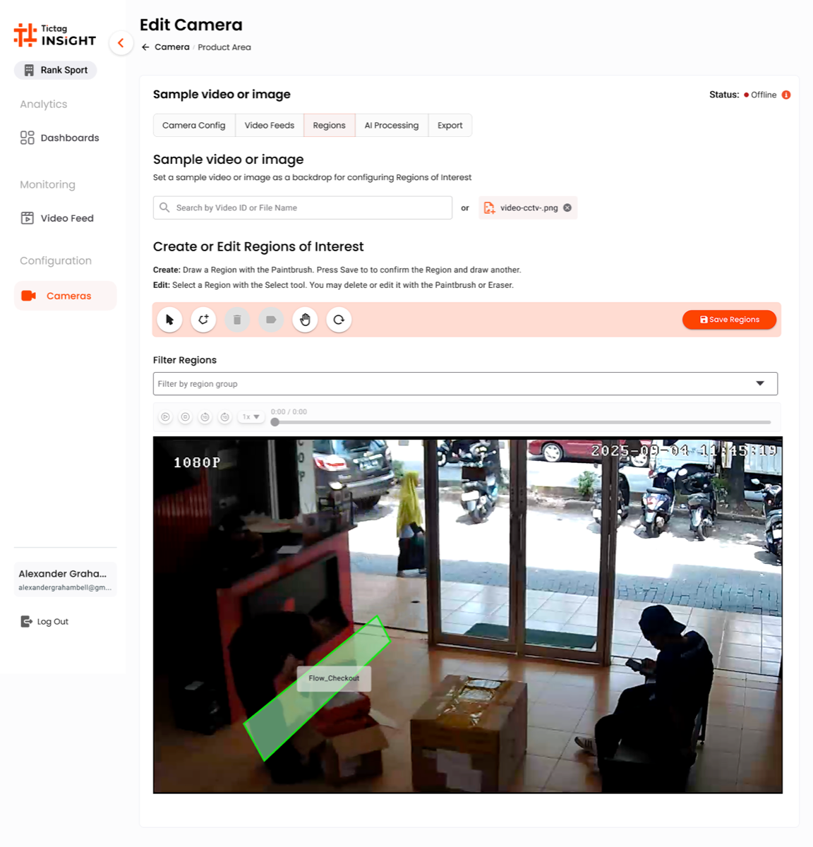 TicTag INSIGHT — Edit Camera screen with Region of Interest